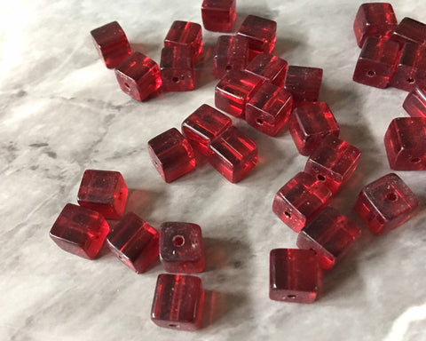 Cube Red Beads Translucent, 8mm Beads, glass square beads, bracelet necklace earrings, jewelry making bangle beads resin red