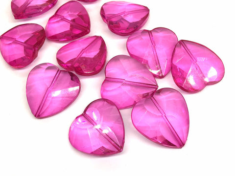 SALE! Hot Pink Faceted 32mm acrylic heart beads, chunky craft supplies wire bangle jewelry making, love beads heart jewelry Valentine's Day