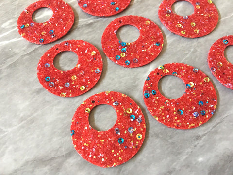 Glitter Round 42mm Circles, red jewelry DIY blanks, circles for earrings or necklace, round red earrings, geometric boho rhinestone