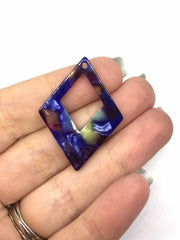 Blue Yellow Tortoise Shell Beads, Diamond shape acrylic 37mm Long Earring or Necklace pendant bead, one hole at top, acrylic tortoise shell