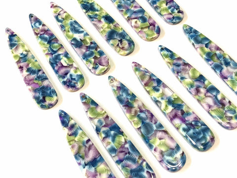 Purple Blue Green FLORAL Tortoise Shell Beads, geometric shape acrylic 56mm Long Earring or Necklace pendant bead 1 one hole, flower earring