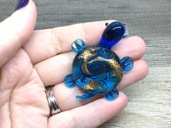 Teal Blue Turtle Handmade Lampwork Blown Glass pendant, Grade A 54mm glass bead long mandala necklace, glass necklace jewelry