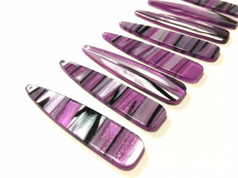 Purple Striped Glitter Tortoise Shell Beads, long skinny acrylic 56mm drop Earring or Necklace pendant bead one hole top gray jewelry lilac