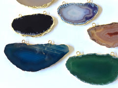 Gold Dipped Agate Slice 2 Holr Pendants, colorful agate stone necklace pendant, gold long statement necklace bead, agate jewelry