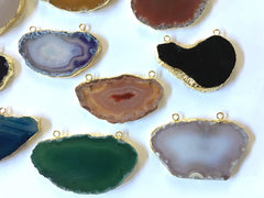 Gold Dipped Agate Slice 2 Holr Pendants, colorful agate stone necklace pendant, gold long statement necklace bead, agate jewelry