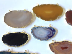 Gold Dipped Agate Slice 2 Holr Pendants, colorful agate stone necklace pendant, gold long statement necklace bead, agate jewelry