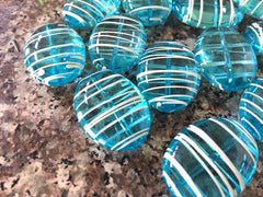 Teal Blue Puffed Oval 33mm beads, clear turquoise striped beads, translucent beads, craft supplies wire bangle, jewelry making light blue