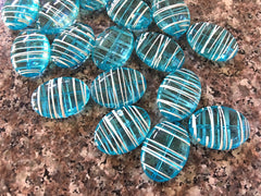 Teal Blue Puffed Oval 33mm beads, clear turquoise striped beads, translucent beads, craft supplies wire bangle, jewelry making light blue