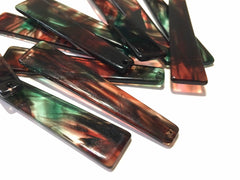 Red Green Brushed Watercolor squared Tortoise Shell Beads, long skinny acrylic 56mm Earring Necklace pendant bead, one hole at top jewelry