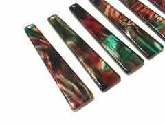 Red Green Brushed Watercolor squared Tortoise Shell Beads, long skinny acrylic 56mm Earring Necklace pendant bead, one hole at top jewelry