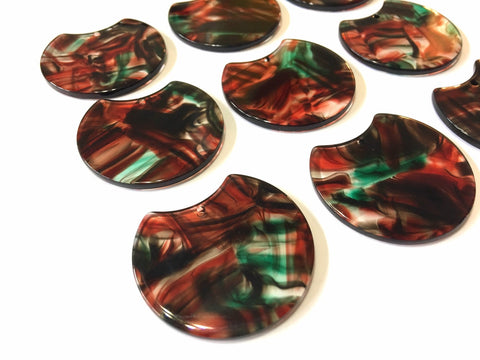 Red & Green Brushed Watercolor Tortoise Shell Beads, circle cutout acrylic 36mm Earring Necklace pendant bead one hole at top