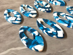 Blue & White Resin squared Tortoise Shell Beads, long oval acrylic 42mm Earring Necklace pendant bead, one hole at top jewelry