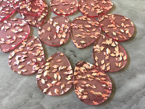 Silver Confetti set in Pink Clear Resin Acrylic Blanks Cutout, earring bead jewelry making, 30mm circle jewelry, pink pendant teardrop