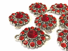 Red Crystal Rhinestone Glass Pendants, Flower Charm 2 holes, bracelet or necklace charm, connector bead, crystal glasss bead, rainbow charms