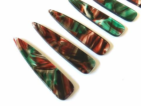 Red Green Brushed Watercolor rounded Tortoise Shell Beads, long skinny acrylic 56mm Earring Necklace pendant bead, one hole at top jewelry