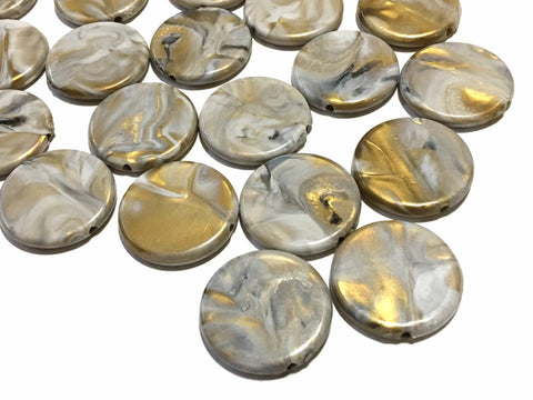 Light Gray & Gold swirl round 31mm big acrylic beads, gray chunky craft supplies, gray wire bangle, jewelry making, gray statement necklace