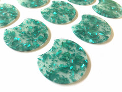 Green Foil & Confetti Resin Beads, circle cutout acrylic 36mm Earring Necklace pendant bead, one hole at top, emerald jewelry acrylic DIY