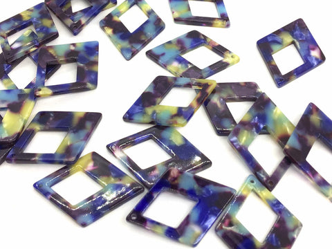 Blue Yellow Tortoise Shell Beads, Diamond shape acrylic 37mm Long Earring or Necklace pendant bead, one hole at top, acrylic tortoise shell