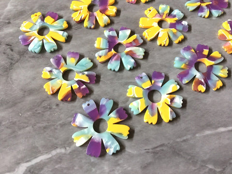 Purple Yellow White FLORAL Resin Beads, circle cutout acrylic 35mm Earring Necklace pendant bead, one hole at top flower jewelry acrylic DIY