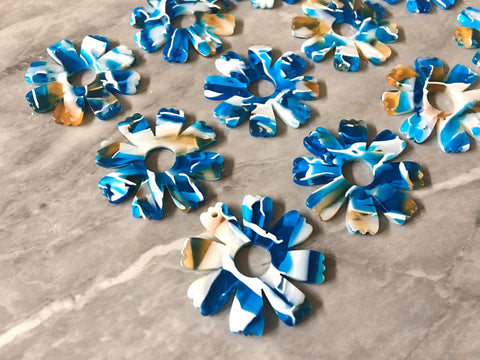 Blue Brown White FLORAL Resin Beads, circle cutout acrylic 35mm Earring Necklace pendant bead, one hole at top flower jewelry acrylic DIY