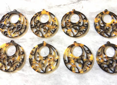 Filigreee Brown Tortoise Shell Beads, circle cutout acrylic 42mm Earring or Necklace pendant bead, one hole at top, black tortoise