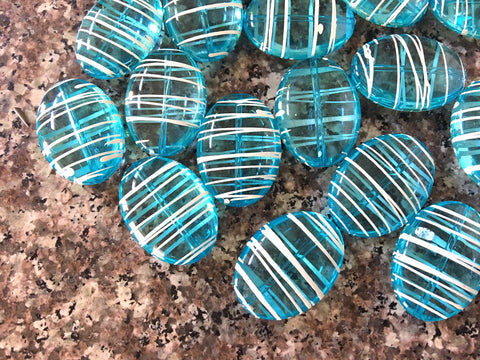 Teal Blue Puffed Oval 33mm beads, clear turquoise striped beads, translucent beads, craft supplies wire bangle, jewelry making light blue