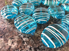 Teal Blue Puffed Oval 33mm beads, clear turquoise striped beads, translucent beads, craft supplies wire bangle, jewelry making light blue