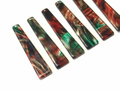 Red Green Brushed Watercolor squared Tortoise Shell Beads, long skinny acrylic 56mm Earring Necklace pendant bead, one hole at top jewelry