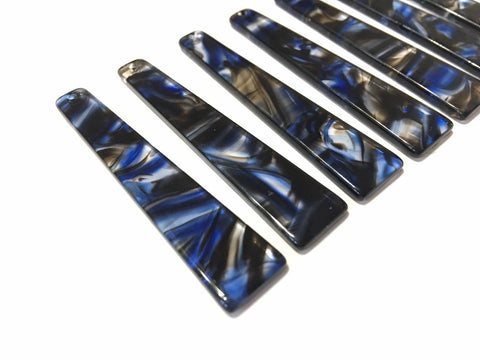 Blue Brushed Watercolor squared Tortoise Shell Beads, long skinny acrylic 56mm Earring Necklace pendant bead, one hole at top jewelry