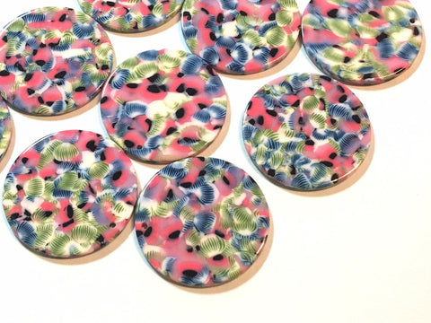 Pink & Blue FLORAL white Tortoise Shell Beads, circle cutout acrylic 36mm Earring Necklace pendant bead one hole at top, floral jewelry