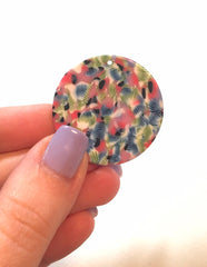 Pink & Blue FLORAL white Tortoise Shell Beads, circle cutout acrylic 36mm Earring Necklace pendant bead one hole at top, floral jewelry