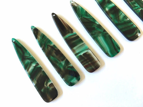 Green Brushed Watercolor rounded Tortoise Shell Beads, long skinny acrylic 56mm Earring Necklace pendant bead, one hole at top jewelry