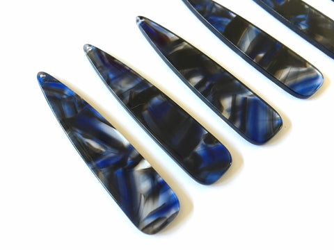 Blue Brushed Watercolor rounded Tortoise Shell Beads, long skinny acrylic 56mm Earring Necklace pendant bead, one hole at top jewelry