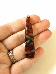 Red Green Brushed Watercolor rounded Tortoise Shell Beads, long skinny acrylic 56mm Earring Necklace pendant bead, one hole at top jewelry