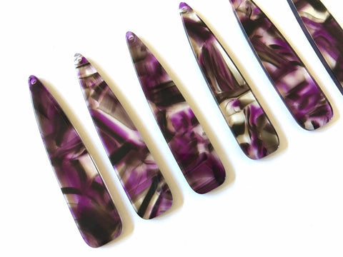 Purple Brushed Watercolor rounded Tortoise Shell Beads, long skinny acrylic 56mm Earring Necklace pendant bead, one hole at top jewelry