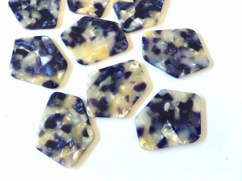 Navy Blue & Champagne Watercolor Tortoise Shell Beads, geometric shape acrylic 38mm Long Earring or Necklace pendant bead 1 one hole top