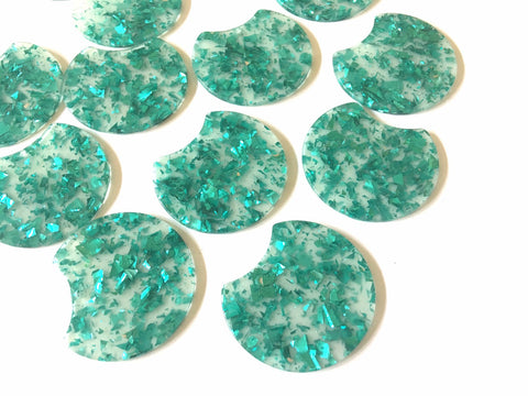 Green Foil & Confetti Resin Beads, circle cutout acrylic 36mm Earring Necklace pendant bead, one hole at top, emerald jewelry acrylic DIY