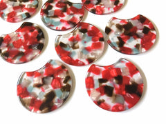 Red Brown Blue Tortoise Shell Beads, circle cutout acrylic 36mm Earring Necklace pendant bead, one hole at top, colorful acrylic DIY boho