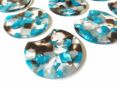 Teal Blue Brown Tortoise Shell Beads, circle cutout acrylic 36mm Earring Necklace pendant bead, one hole top colorful DIY boho turquoise