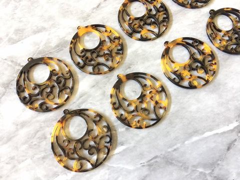 Filigreee Brown Tortoise Shell Beads, circle cutout acrylic 42mm Earring or Necklace pendant bead, one hole at top, black tortoise