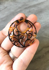 Filigreee Brown Tortoise Shell Beads, circle cutout acrylic 42mm Earring or Necklace pendant bead, one hole at top, black tortoise