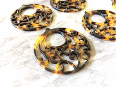 Filigreee Brown Tortoise Shell Beads, circle cutout acrylic 42mm Earring or Necklace pendant bead, one hole at top, black tortoise