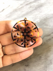 Filigreee Brown Tortoise Shell Beads, circle cutout acrylic 42mm Earring or Necklace pendant bead, one hole at top, black tortoise