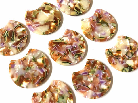 Green Purple & Brown Mosaic Tortoise Shell Beads, circle cutout acrylic 36mm Earring Necklace geometric pendant bead one hole at top