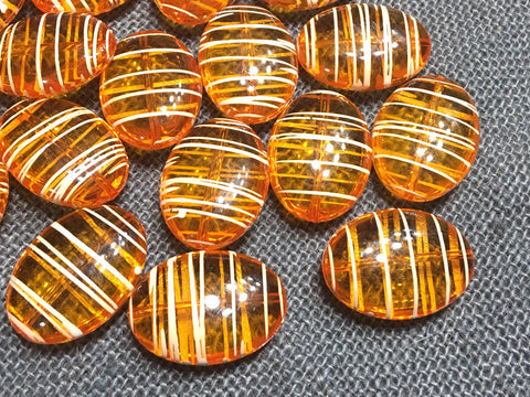 Orange Puffed Oval 33mm beads, transparent striped beads, translucent beads, craft supplies wire bangle, jewelry making white and orange