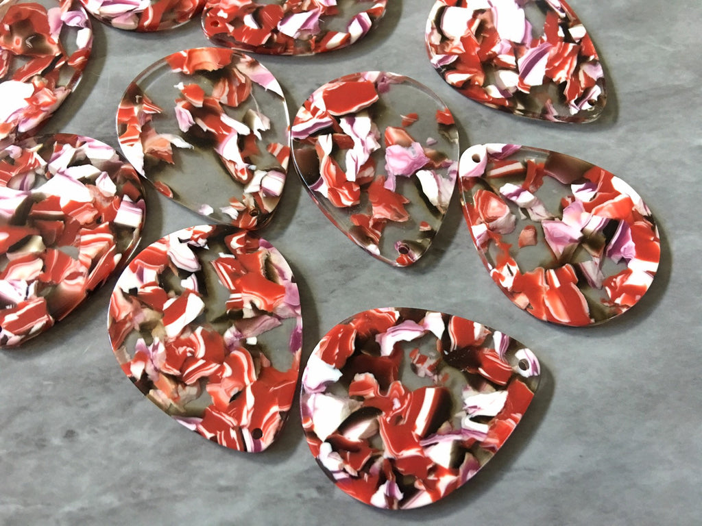 White & Red Clear Resin Acrylic Blanks Cutout, teardrop blanks, earring pendant jewelry making, 40mm jewelry blanks, 1 Hole acetate