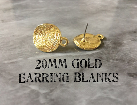 20mm gold fingerprint post earring circle blanks, gold drop earring, gold stud earring, gold jewelry, gold dangle DIY earring making round