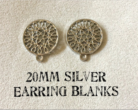 20mm Mandala Silver post earring circle blanks, silver round earring, silver stud earring, silver jewelry, silver dangle earring making