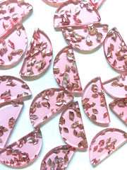 Pink Resin Silver Confetti Half Circle 1 Hole Laser Cut semi circle Cutout, Wire Bracelet boho earrings, Tassel Necklace Jewelry pendant