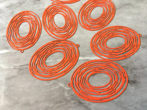 Orange Filigree Cyclone Tornado Oval Beads, circle cutout metal 41mm Earring or Necklace pendant bead, one hole top jewelry reddish orange